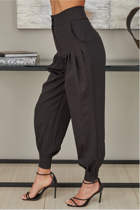 Button Front Pleated Pants with Banded Ankle
