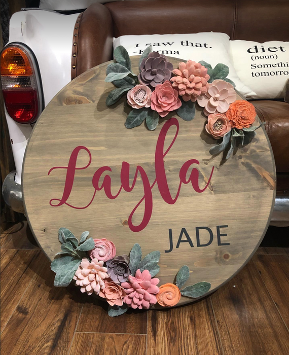 24 inch round wood floral sign